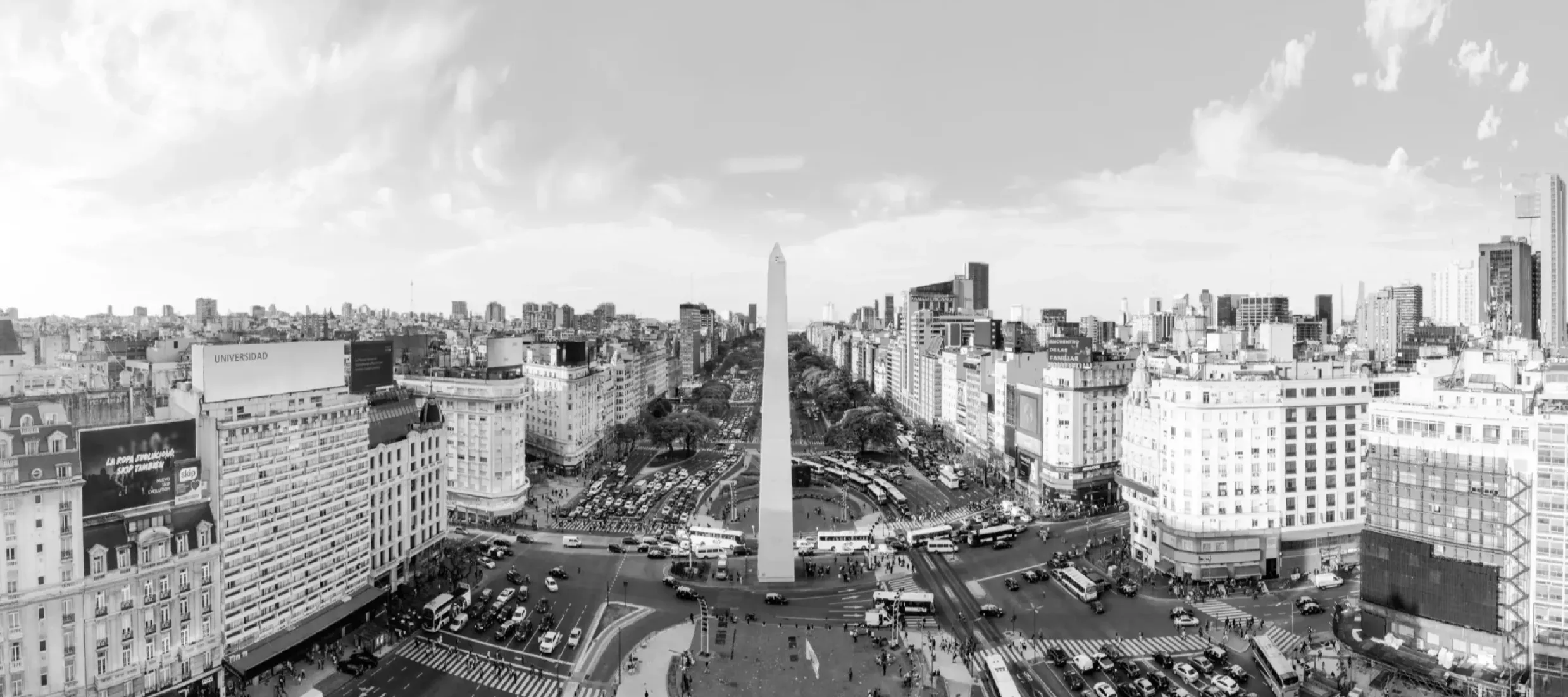 The timeless, dramatic cityscape of Buenos Aires in black and white, capturing the view from the cosmopolitan Hotel Pulitzer