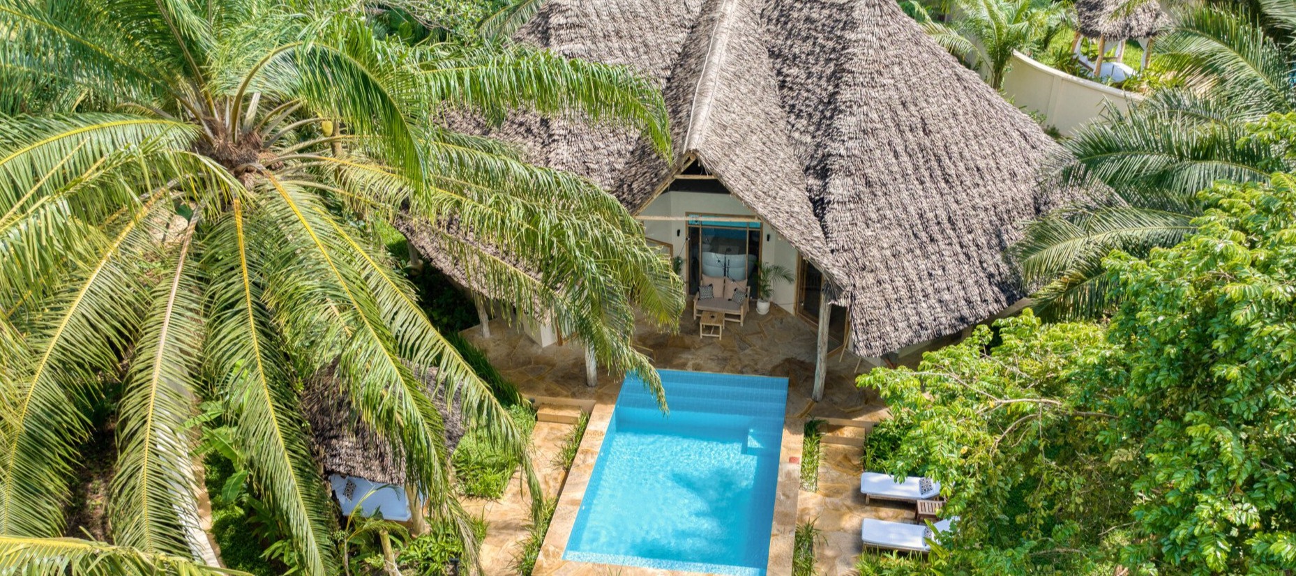 Luxury villa with traditional thatched roof, private swimming pool, and tropical garden surrounded by coconut palms"RetryClaude can make mistakes. Please double-check responses.