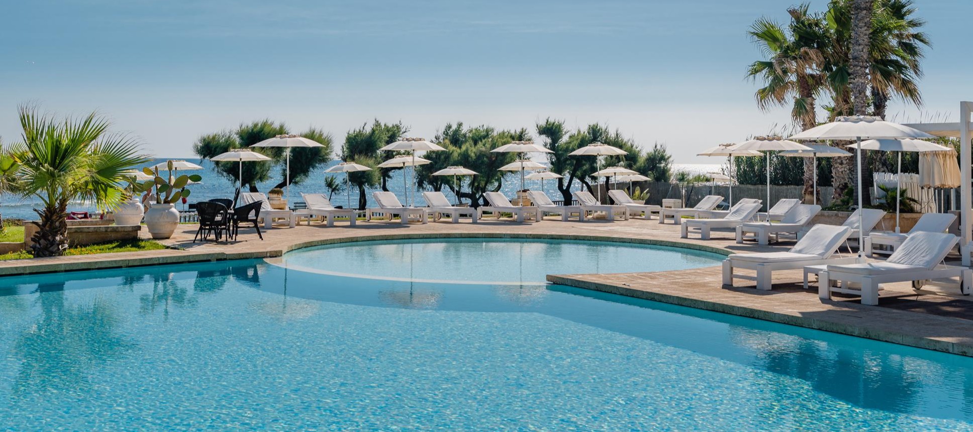 Beachfront hotel pool with white loungers, palm trees, and ocean views under blue sky